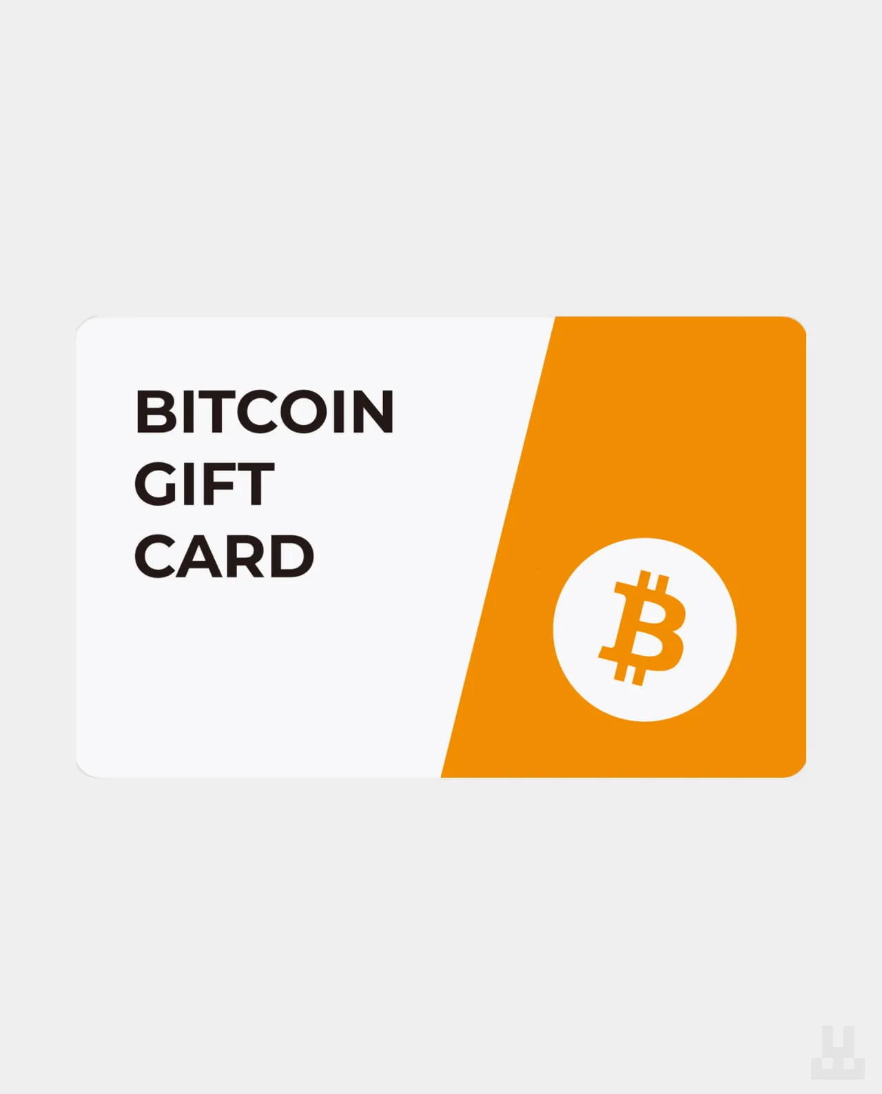 A stylised Bitcoin payment card standing upright against a dark background
