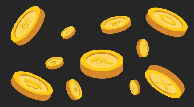 Illustration of golden cryptocurrency coins floating above a surface